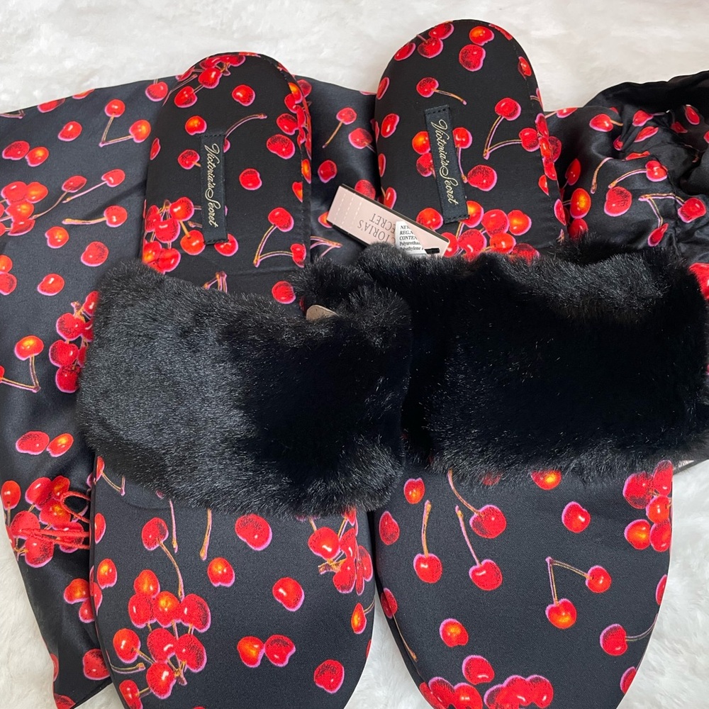 Victoria's Secret Black Slide Slippers with Red Cherry Print